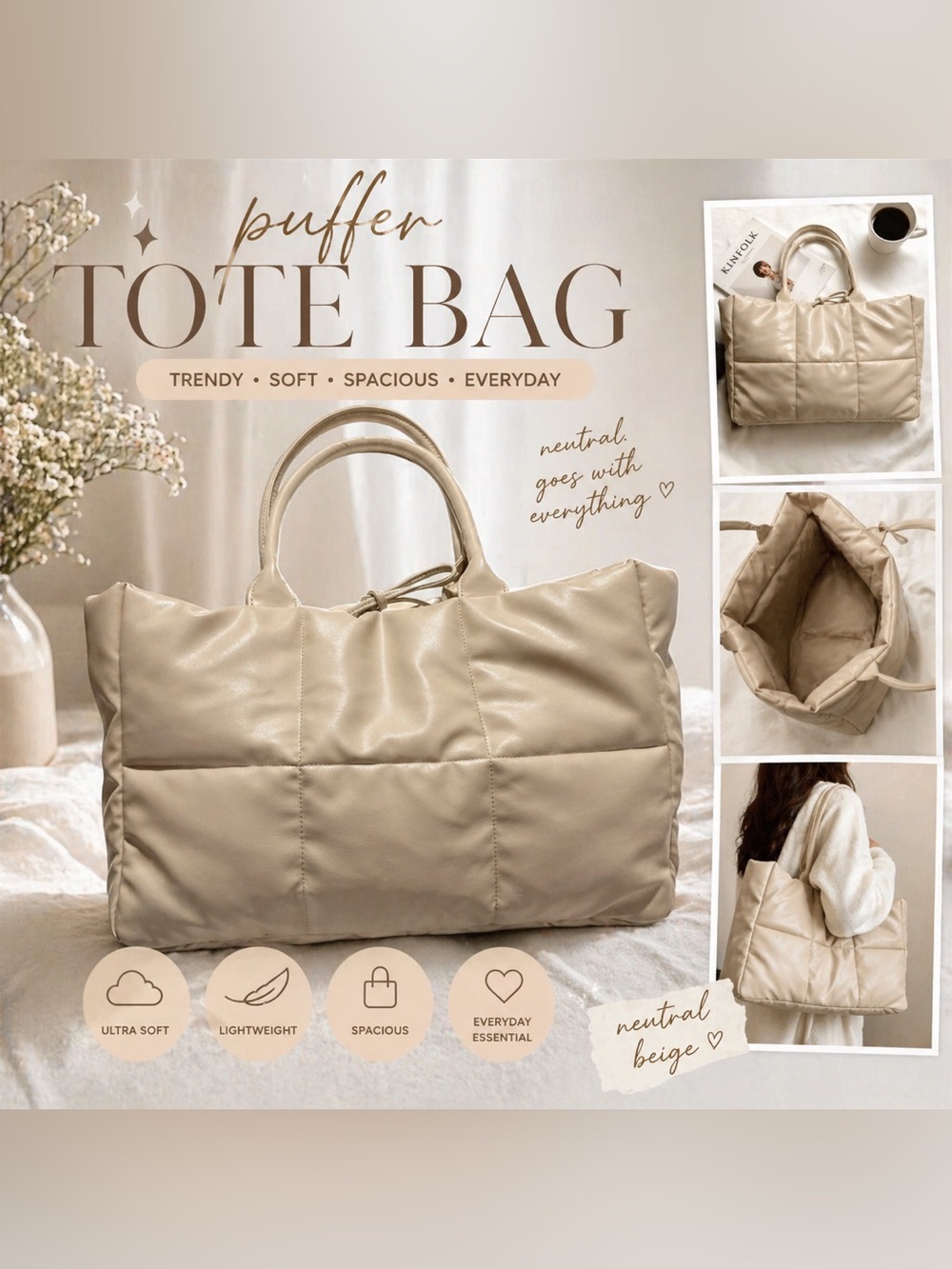 Ulta Beauty Large Beige Quilted Puffer Tote Bag